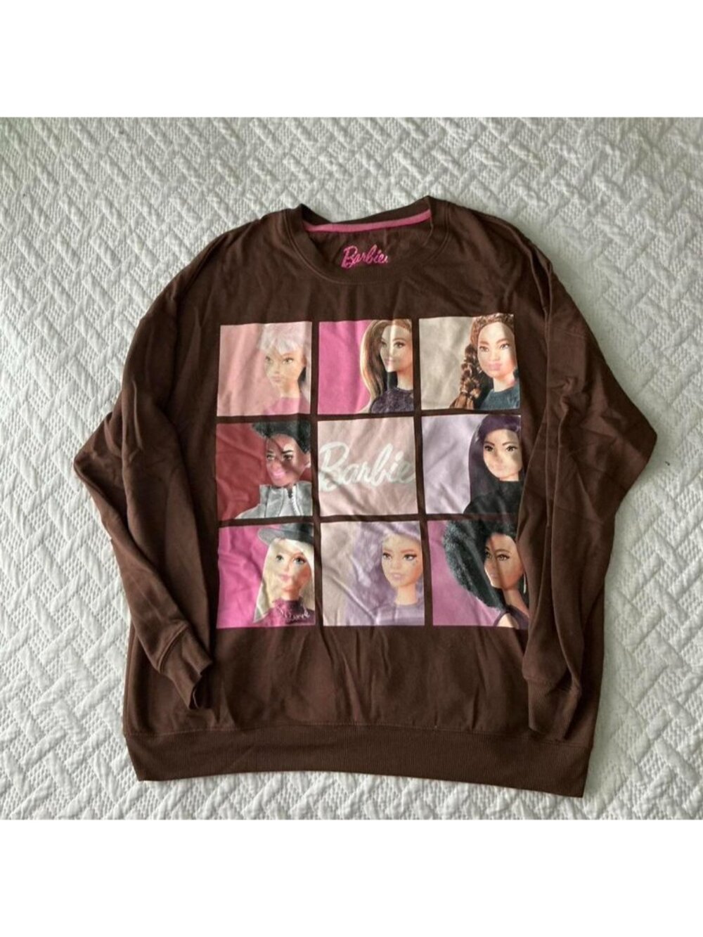 brown Barbie sweatshirt with dolls- size large -...